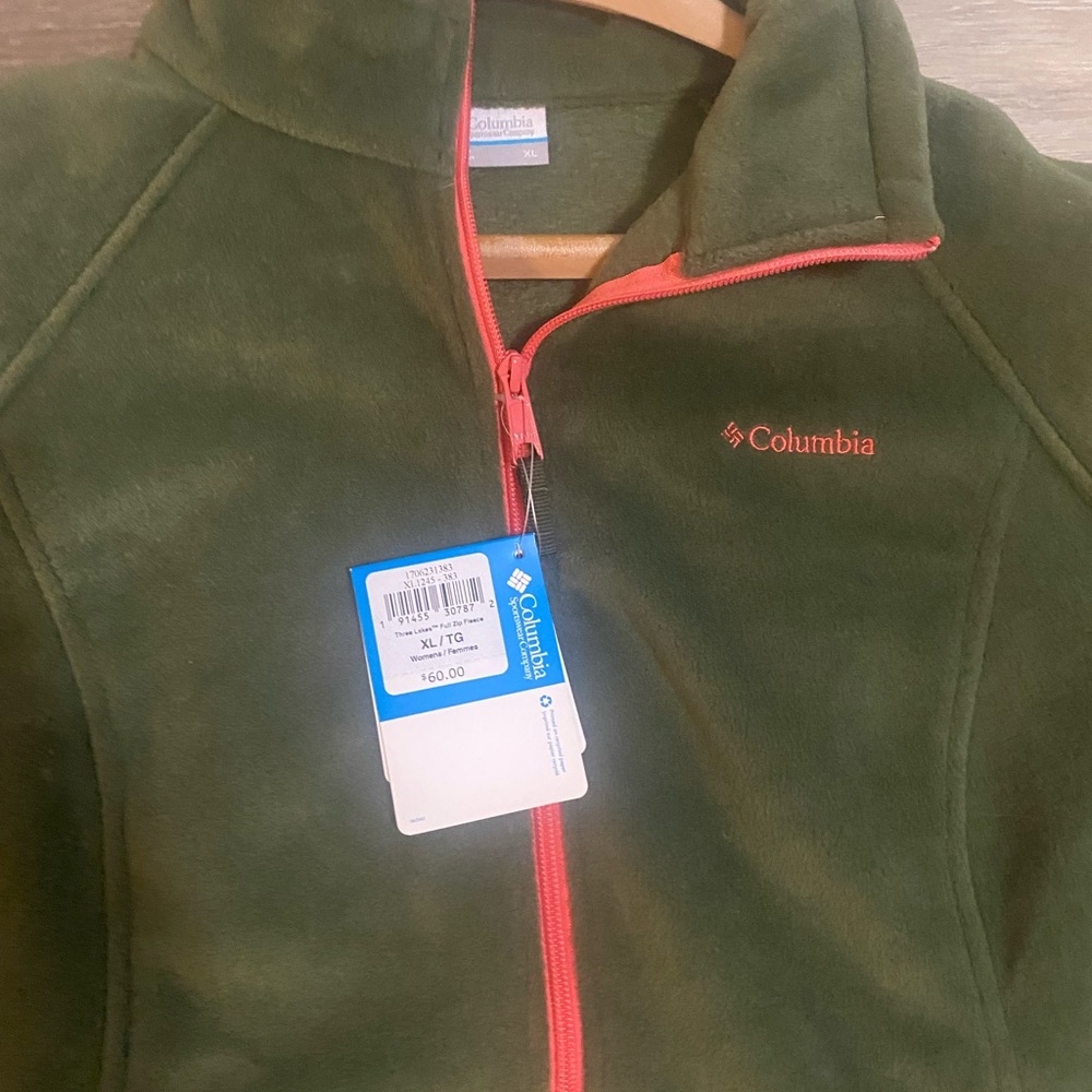 Columbia Men's Olive Green Fleece Jacket with Red Trim - Picture 2 of 4